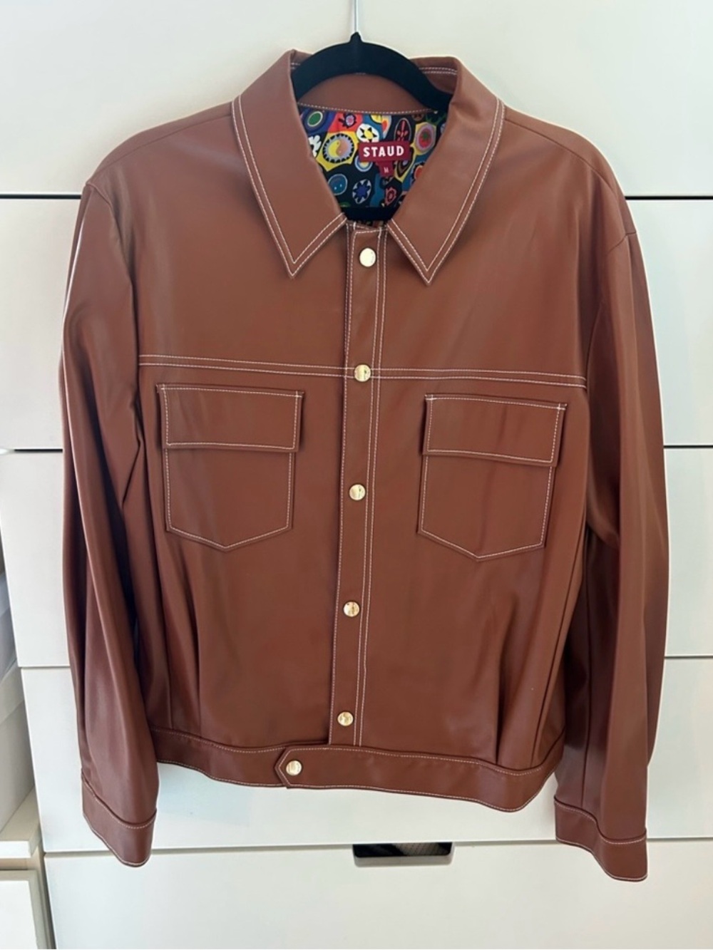 STAUD Tan Leather Shirt Jacket with Contrast Stitching